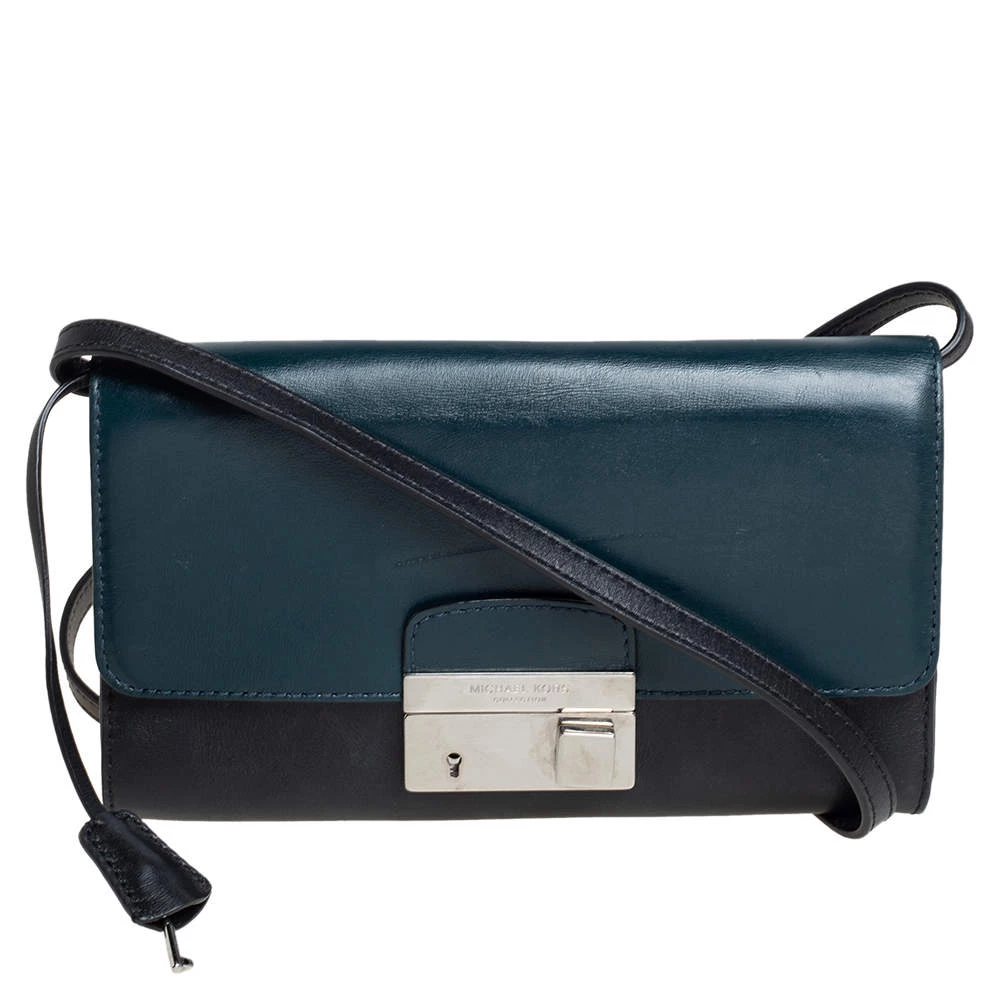 Michael Kors Teal Green/Black Leather Gia Clutch On Strap For Women