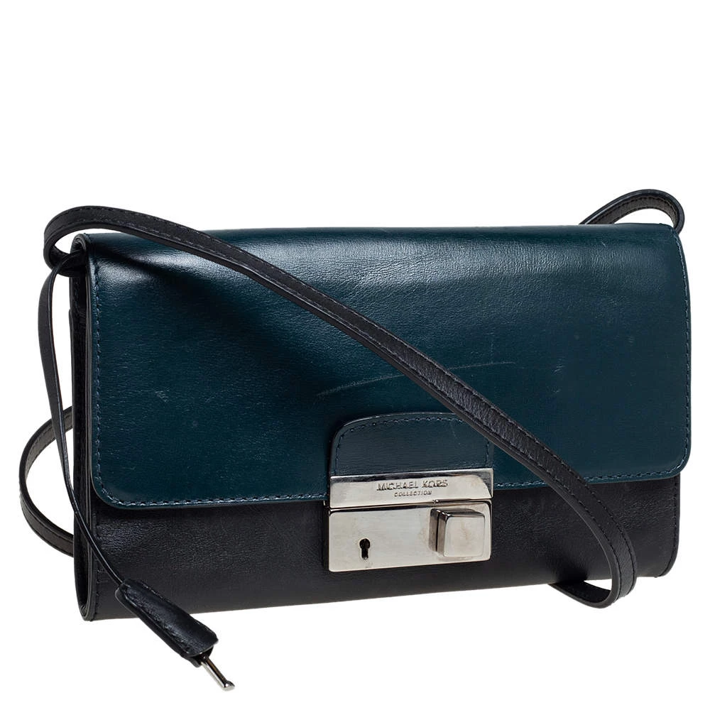 Michael Kors Teal Green/Black Leather Gia Clutch On Strap For Women - Image 3