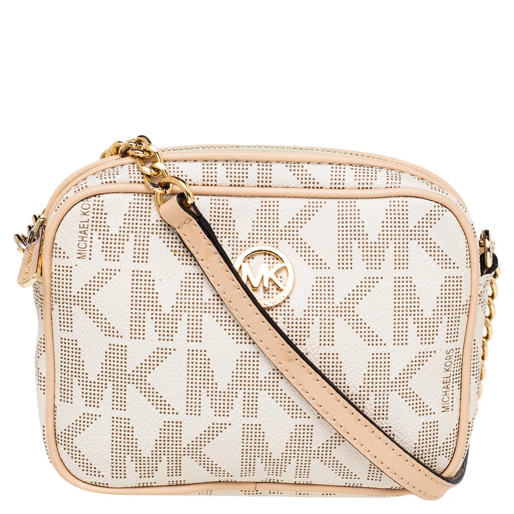 Michael Kors Beige/Brown Signature Coated Canvas And Leather Mini Camera Crossbody Bag For Women