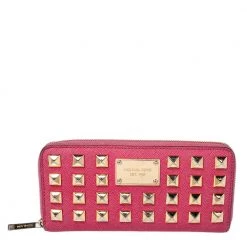 Michael Kors Pink Leather Studded Zip Around Wallet For Women