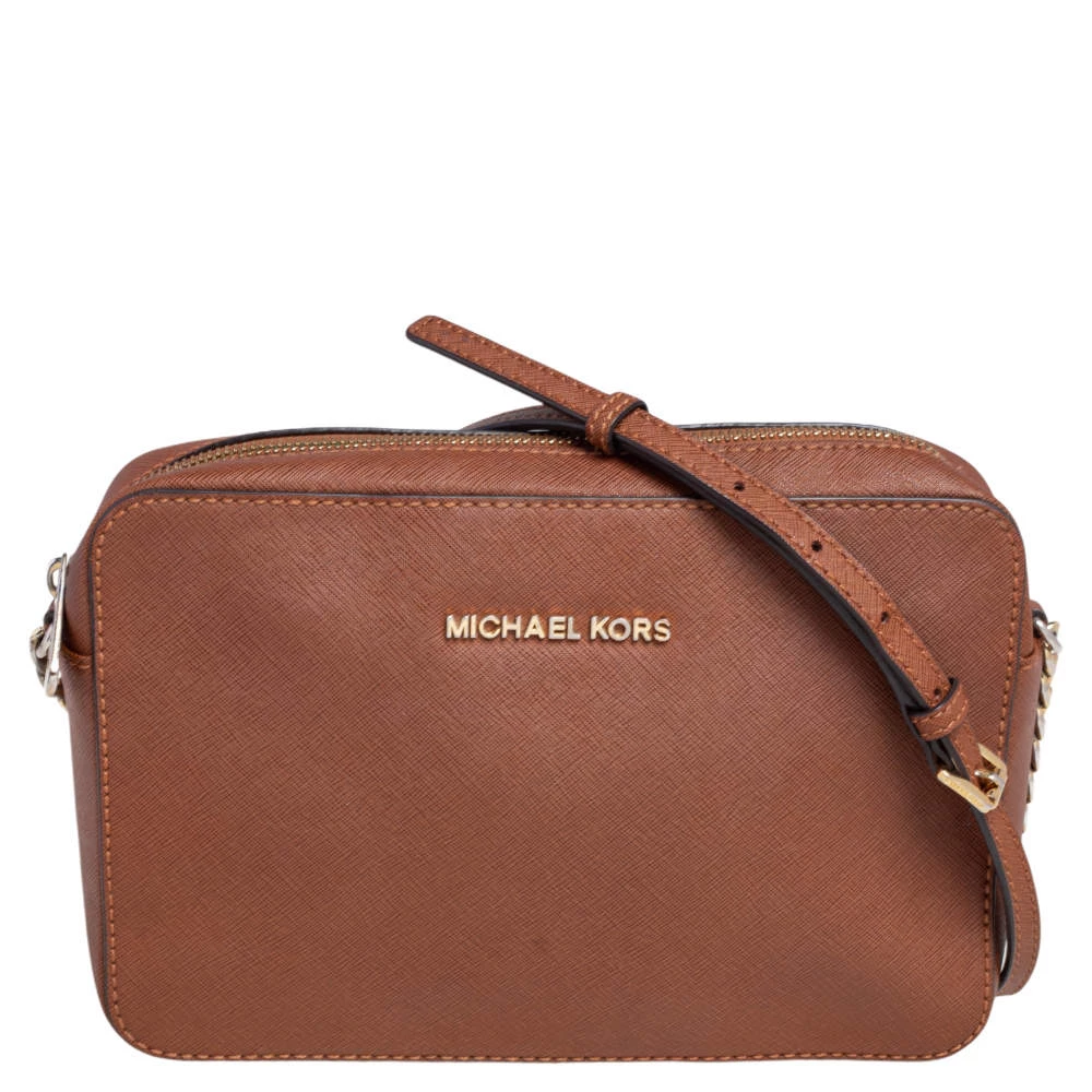 Michael Kors Brown Saffiano Leather Jet Set Camera Crossbody Bag For Women