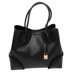 Michael Kors Black Ruffled Leather Medium Mercer Gallery Tote For Women