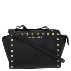 Michael Kors Black Studded Saffiano Leather Selma Crossbody Bag For Women