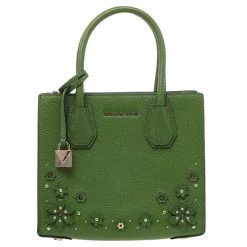 Michael Kors Green Floral Embellished Leather Small Mercer Tote For Women
