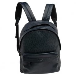 Michael Kors Navy Blue Leather And Signature Coated Canvas Russel Backpack For Women