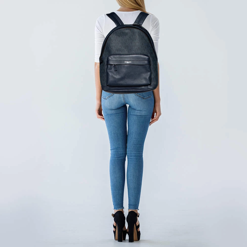 Michael Kors Navy Blue Leather And Signature Coated Canvas Russel Backpack For Women - Image 2