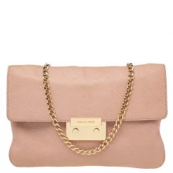 Michael Kors Pink Python Embossed Leather Pushlock Slim Flap Shoulder Bag For Women