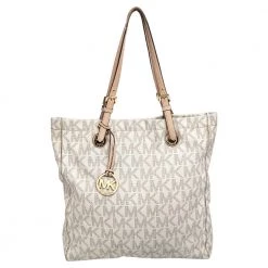 Michael Kors Off White Signature Canvas Jet Set North South Tote For Women