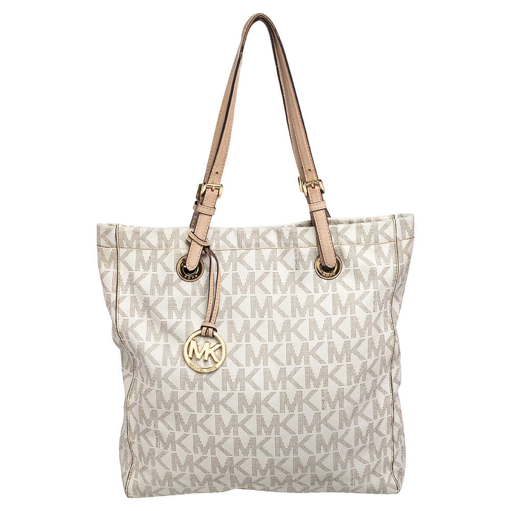 Michael Kors Off White Signature Canvas Jet Set North South Tote For Women