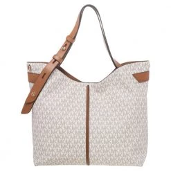 Michael Kors White/Brown Signature Canvas And Leather Large Downtown Astor Shoulder Bag For Women
