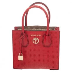 Michael Kors Red Perforated Leather Mini Mercer Tote For Women