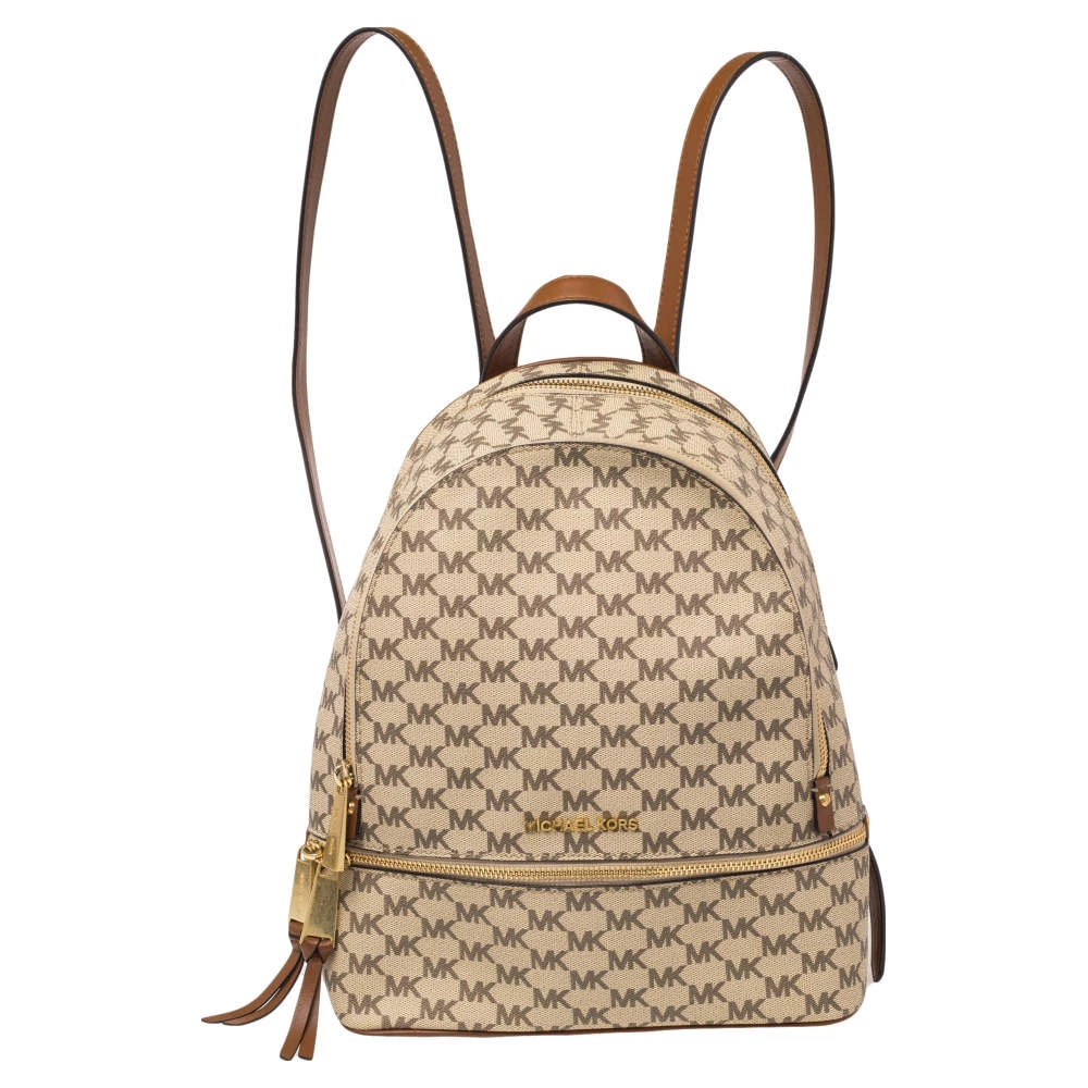 Michael Kors Beige Signature Coated Canvas Medium Abbey Backpack For Women