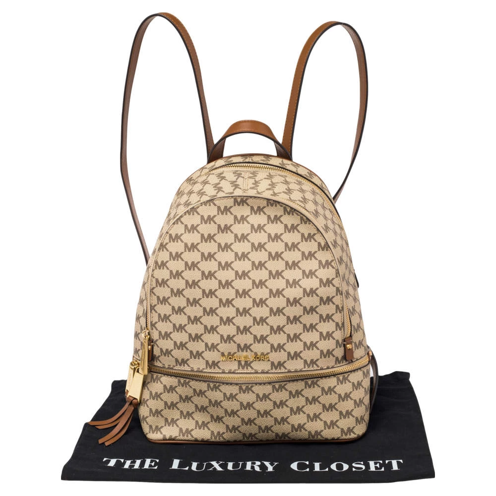 Michael Kors Beige Signature Coated Canvas Medium Abbey Backpack For Women - Image 10