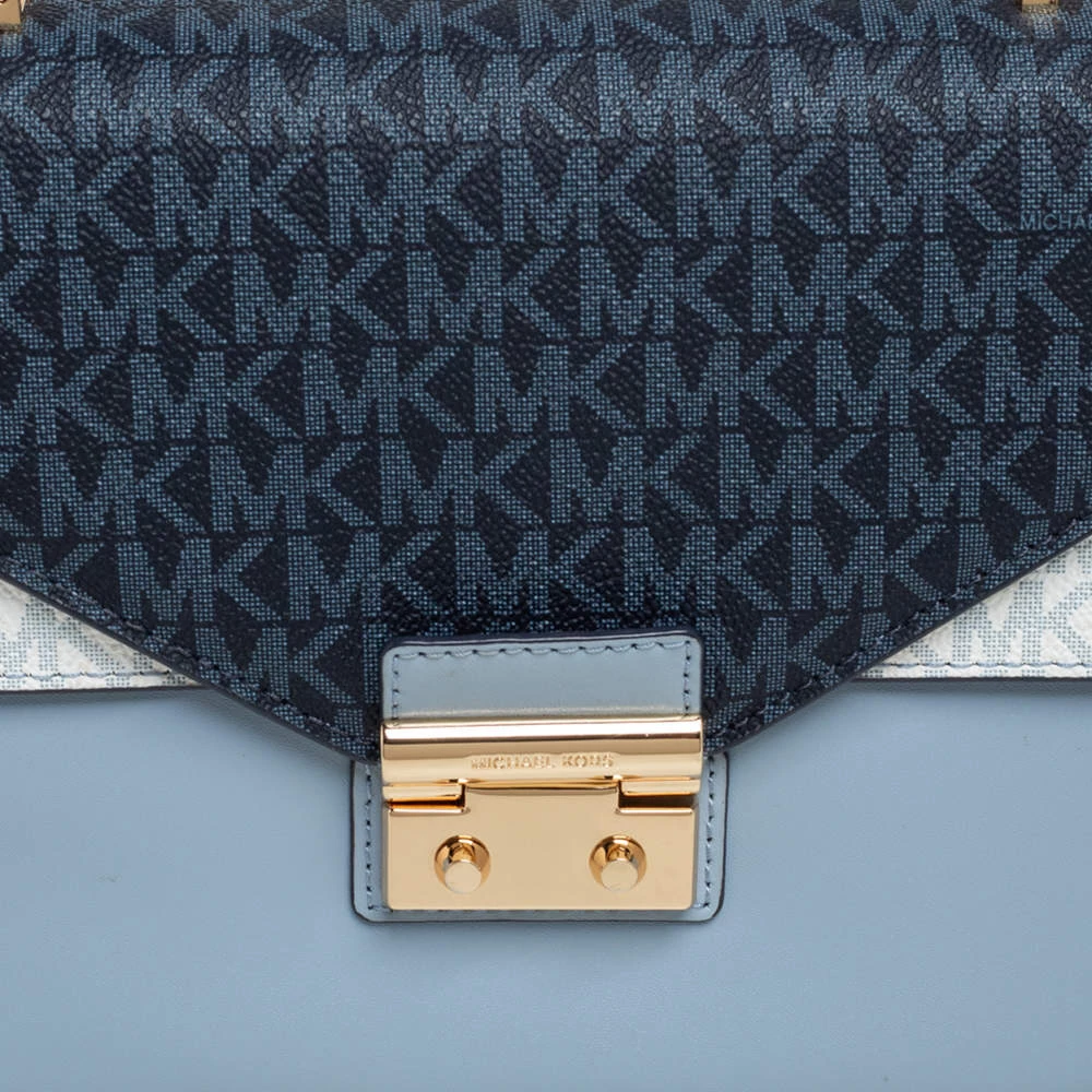 Michael Kors Blue/White Signature Coated Canvas And Leather Kinsley Top Handle Bag For Women - Image 5