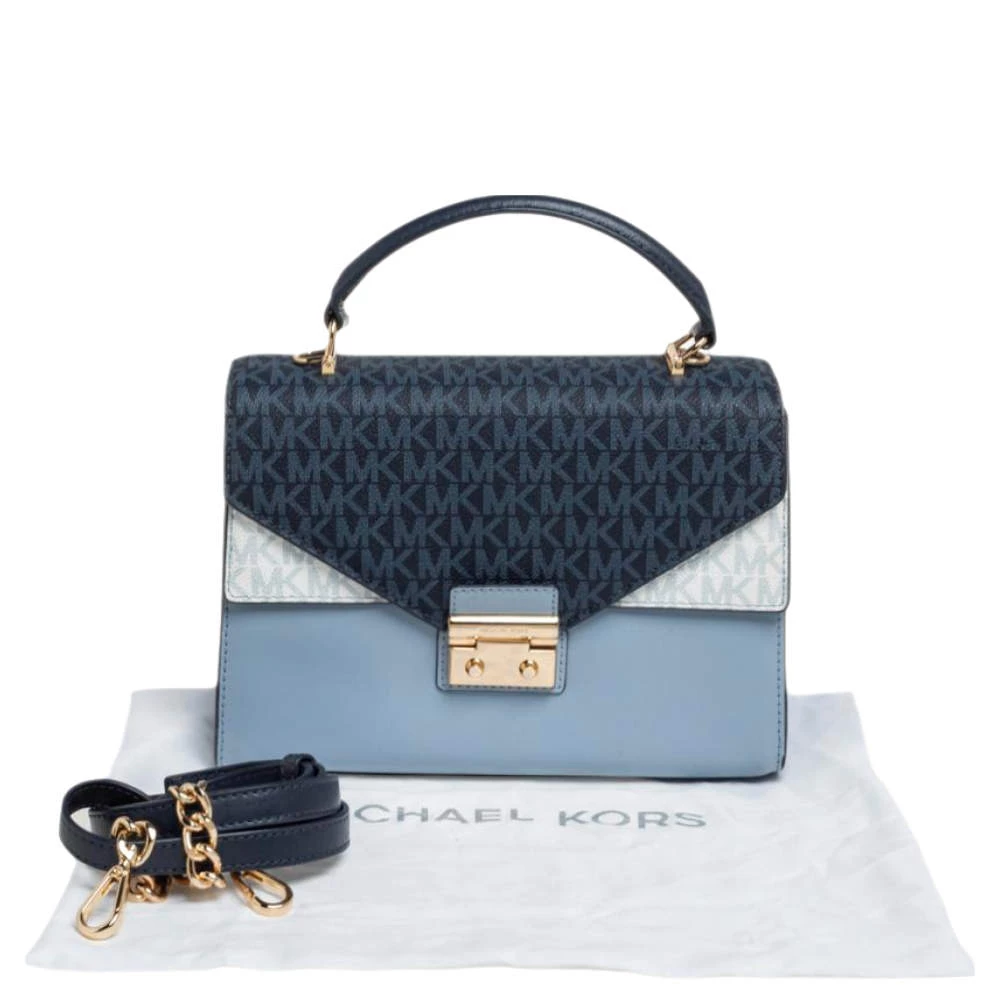 Michael Kors Blue/White Signature Coated Canvas And Leather Kinsley Top Handle Bag For Women - Image 11