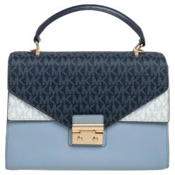 Michael Kors Blue/White Signature Coated Canvas And Leather Kinsley Top Handle Bag For Women
