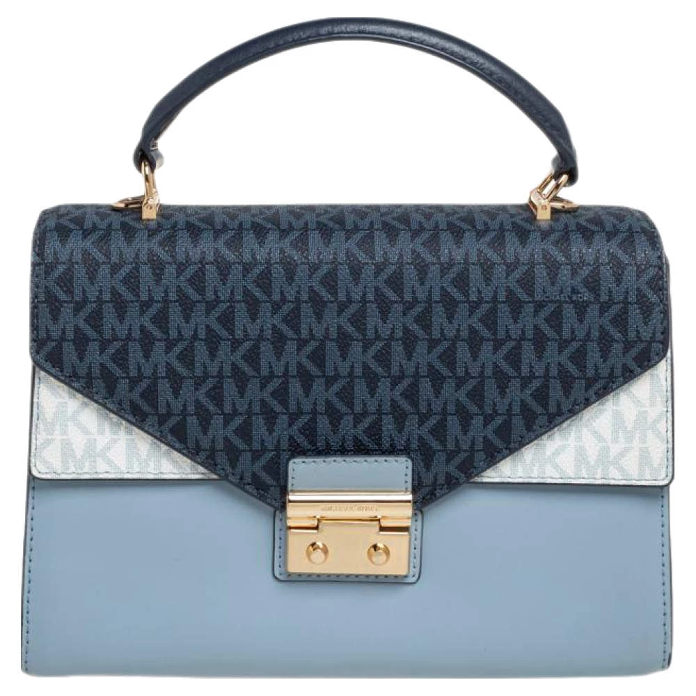 Michael Kors Blue/White Signature Coated Canvas And Leather Kinsley Top Handle Bag For Women