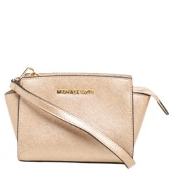 Michael Kors Metallic Gold Saffiano Leather Mini Selma Crossbody Bag For Women