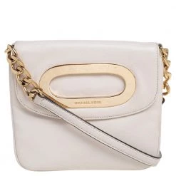 Michael Kors Off White Leather Cut Out Flap Shoulder Bag For Women