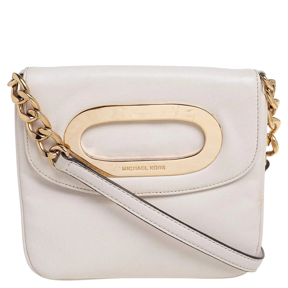 Michael Kors Off White Leather Cut Out Flap Shoulder Bag For Women