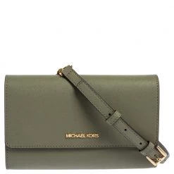 Michael Kors Khaki Green Leather Jet Set Flap Crossbody Bag For Women