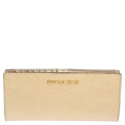 Michael Kors Gold Leather Jet Set Travel Bifold Wallet For Women