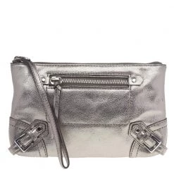 Michael Kors Metallic Silver Leather Fallon Wristlet Clutch For Women