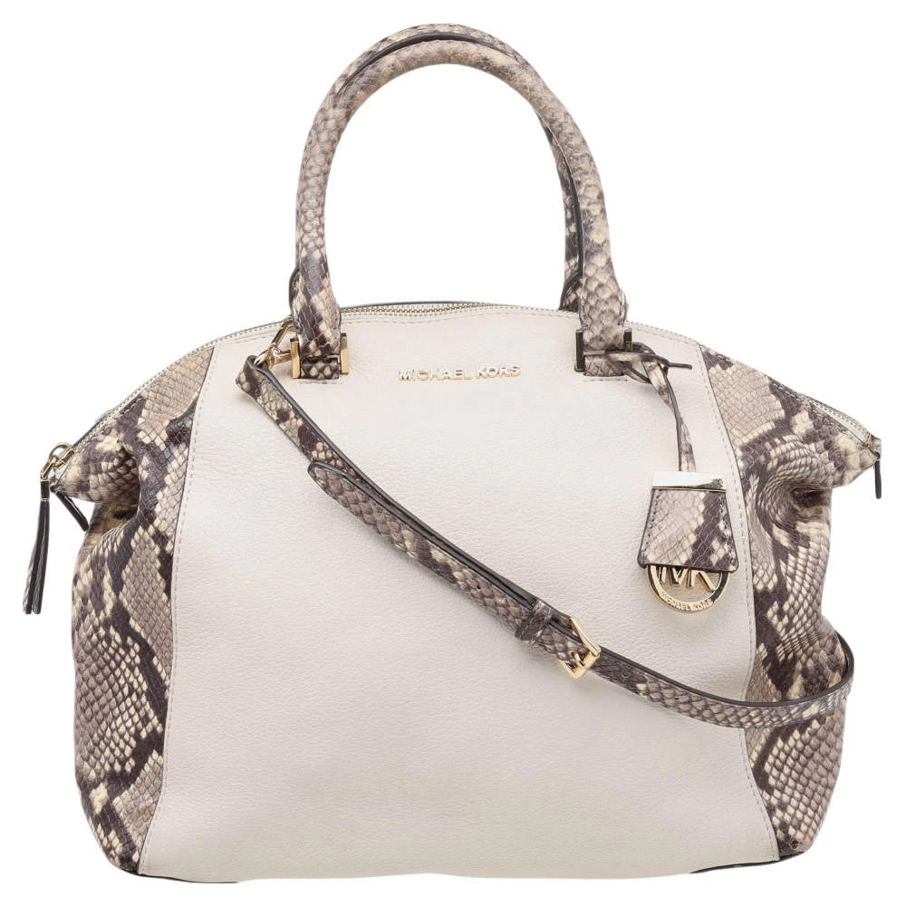Michael Michael Kors Beige-Black Python Embossed Leather And Leather Large Riley Satchel For Women
