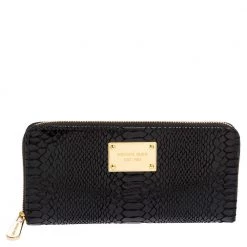 Michael Kors Black Glossy Python Embossed Leather Jet Set Zip Around Wallet For Women