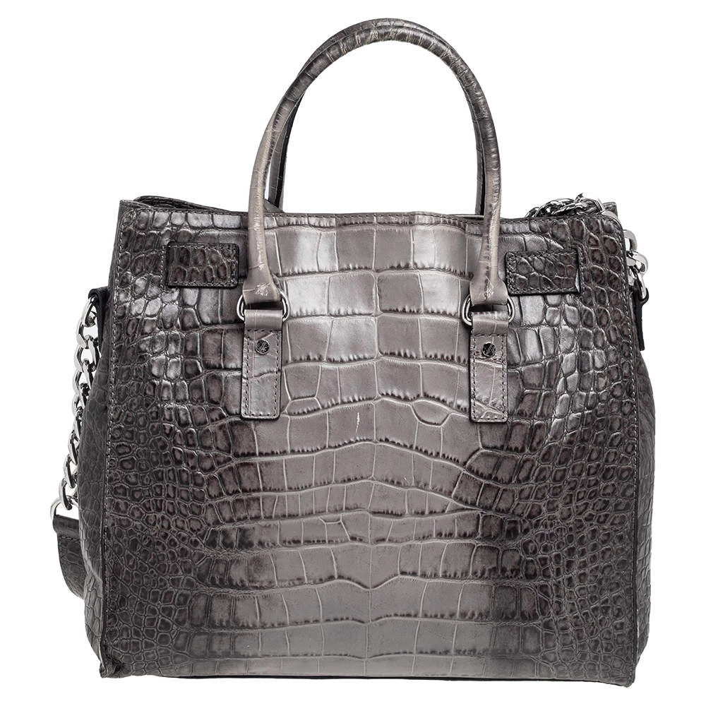 MICHAEL Michael Kors Black/Grey Croc Embossed Leather Large Hamilton North South Tote For Women - Image 4