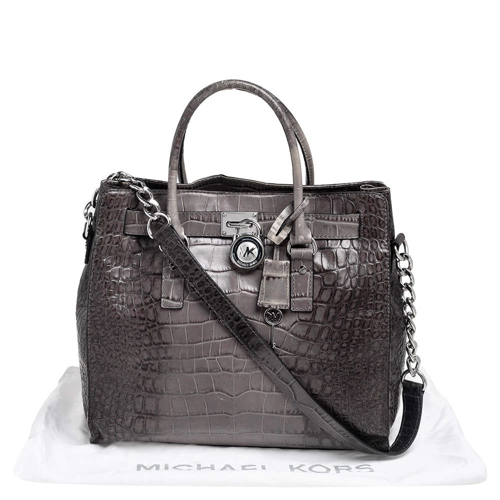 MICHAEL Michael Kors Black/Grey Croc Embossed Leather Large Hamilton North South Tote For Women - Image 9