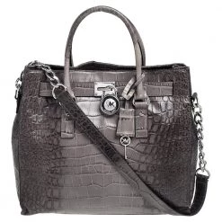 MICHAEL Michael Kors Black/Grey Croc Embossed Leather Large Hamilton North South Tote For Women