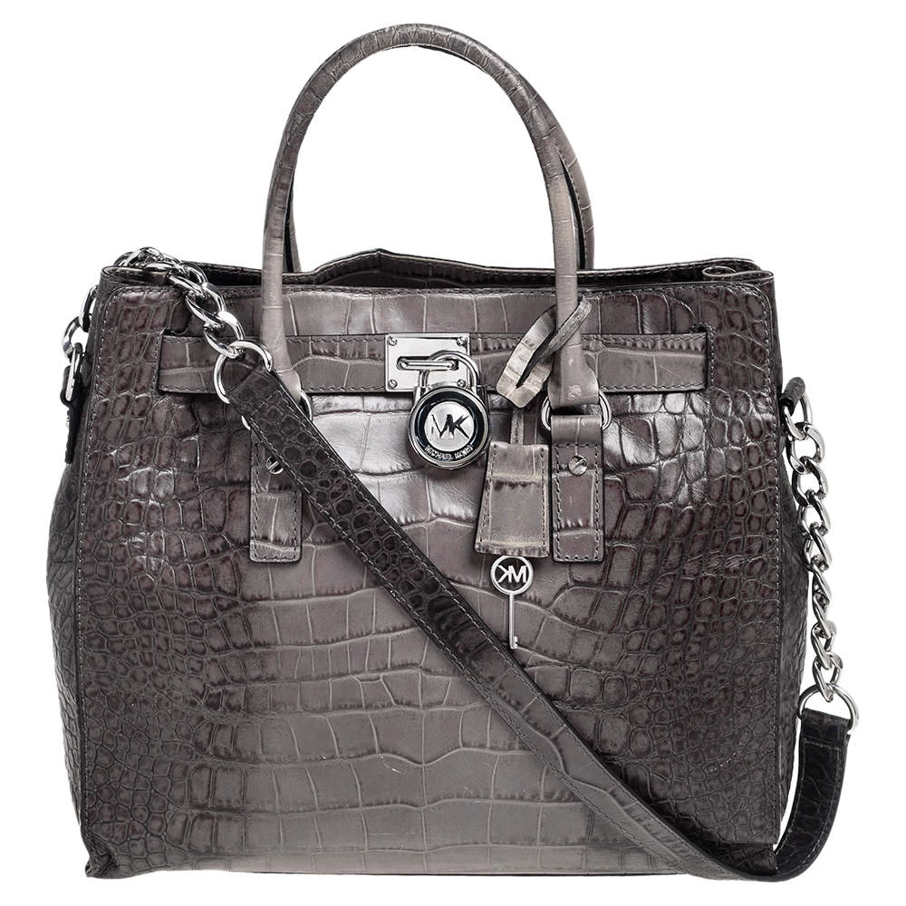 MICHAEL Michael Kors Black/Grey Croc Embossed Leather Large Hamilton North South Tote For Women