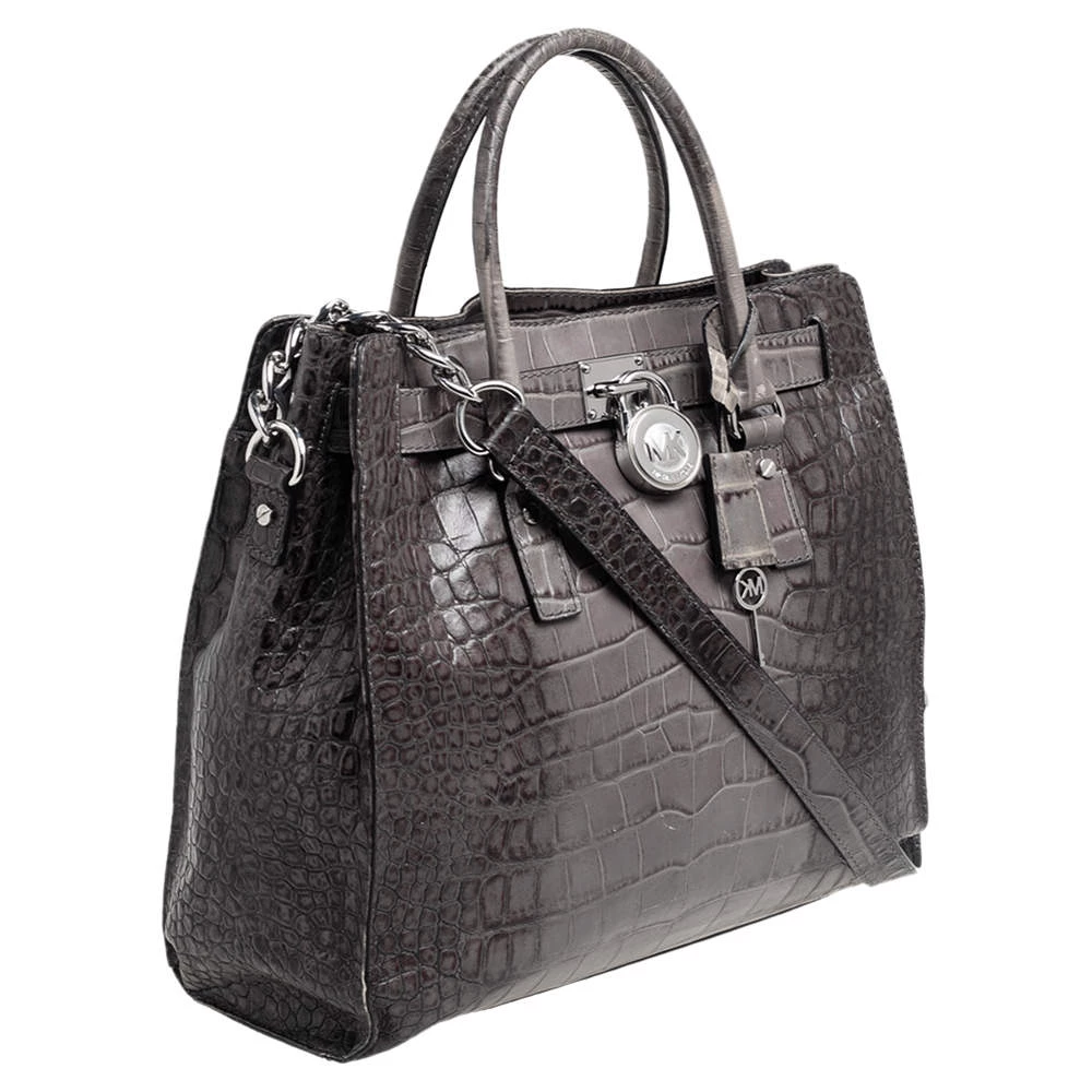 MICHAEL Michael Kors Black/Grey Croc Embossed Leather Large Hamilton North South Tote For Women - Image 3