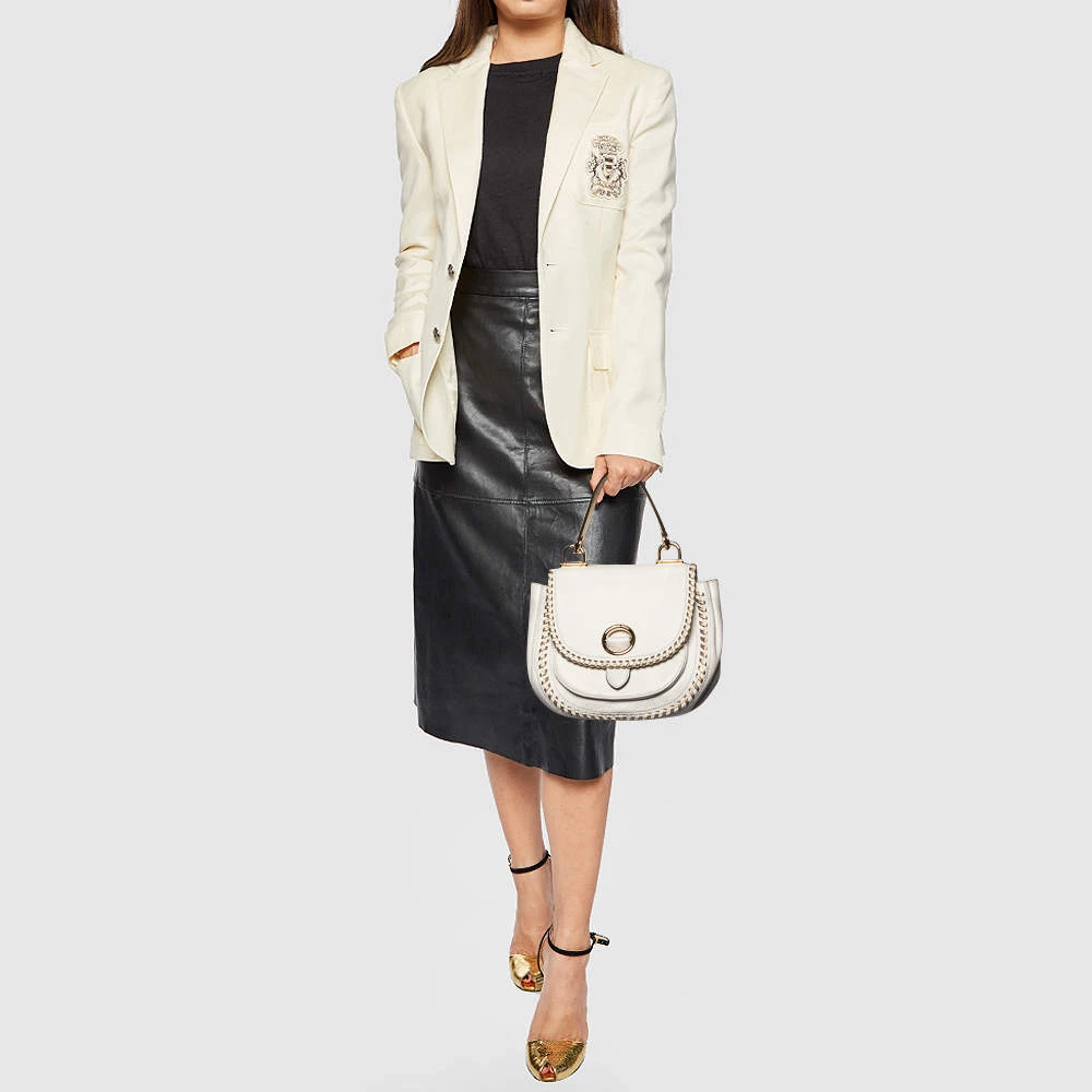 Michael Kors White/Gold Leather Isadore Stitch Top Handle Bag For Women - Image 2