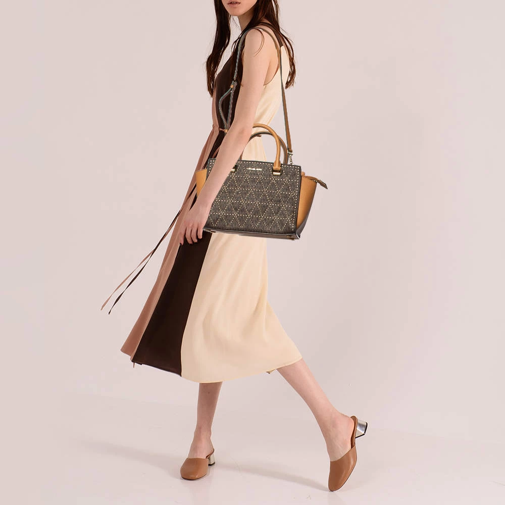 Michael Kors Brown Leather Pyramid Quilt Studded Selma Satchel For Women - Image 2