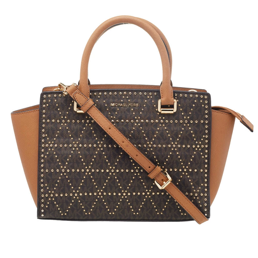 Michael Kors Brown Leather Pyramid Quilt Studded Selma Satchel For Women