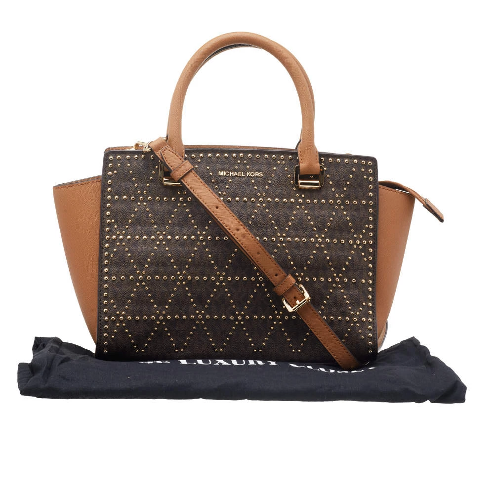 Michael Kors Brown Leather Pyramid Quilt Studded Selma Satchel For Women - Image 10