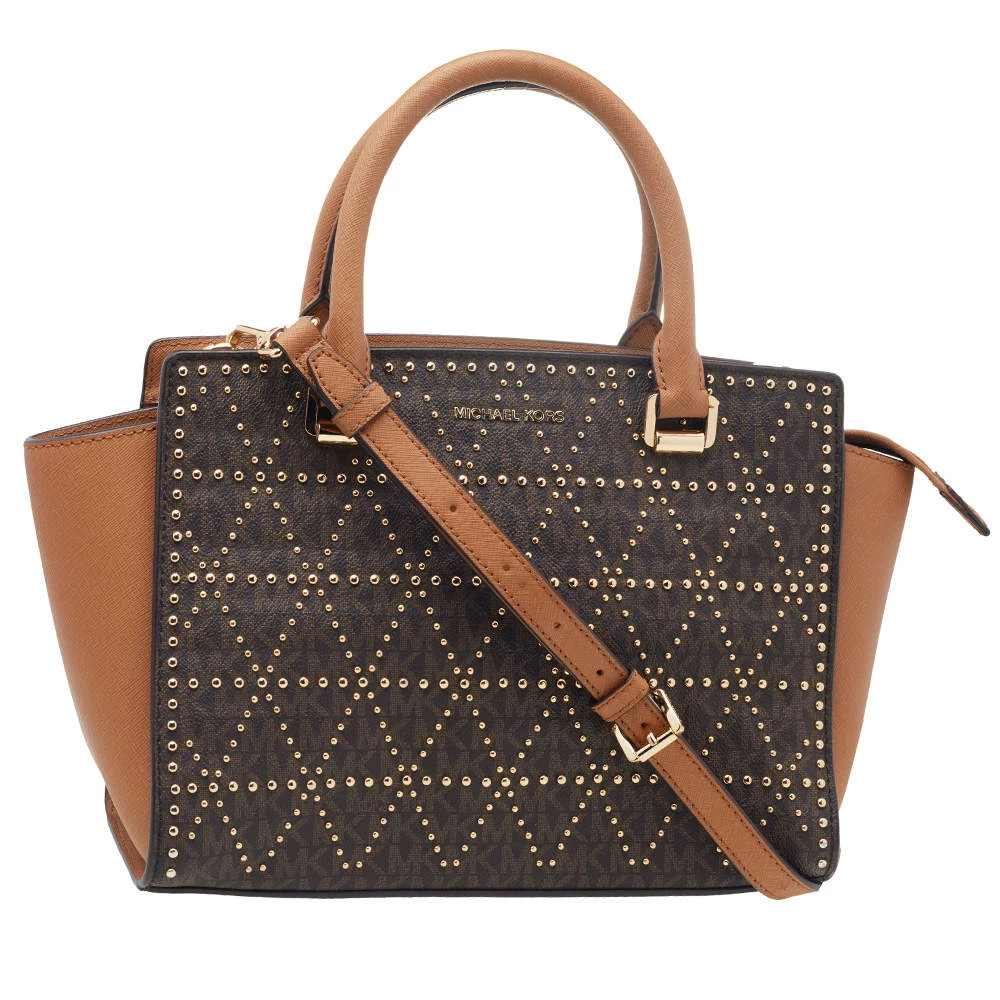 Michael Kors Brown Leather Pyramid Quilt Studded Selma Satchel For Women - Image 3