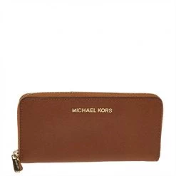 Michael Kors Brown Saffiano Leather Zip Around Wallet For Women