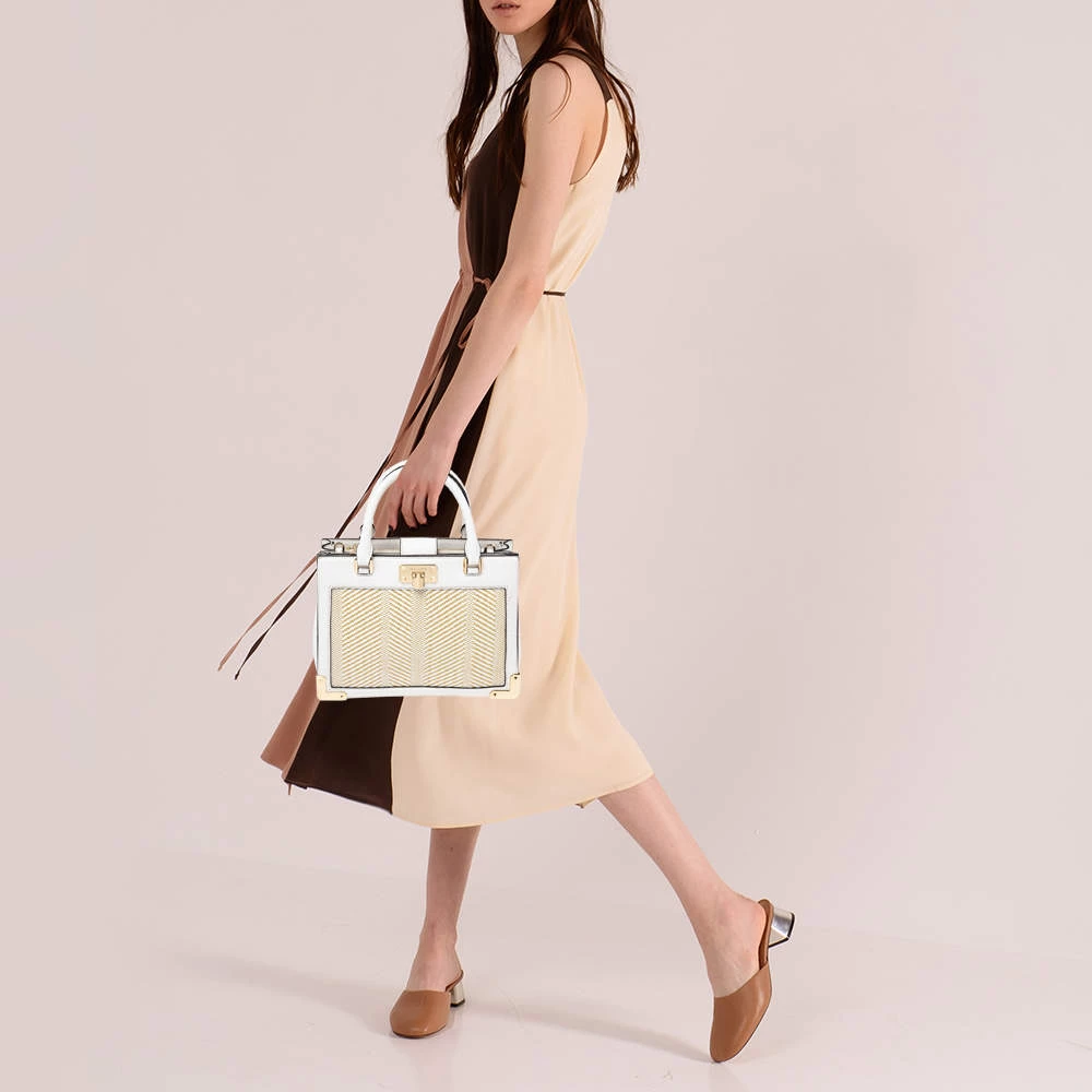 Michael Kors White Leather And Straw Medium Kinsley Accordion Tote For Women - Image 2