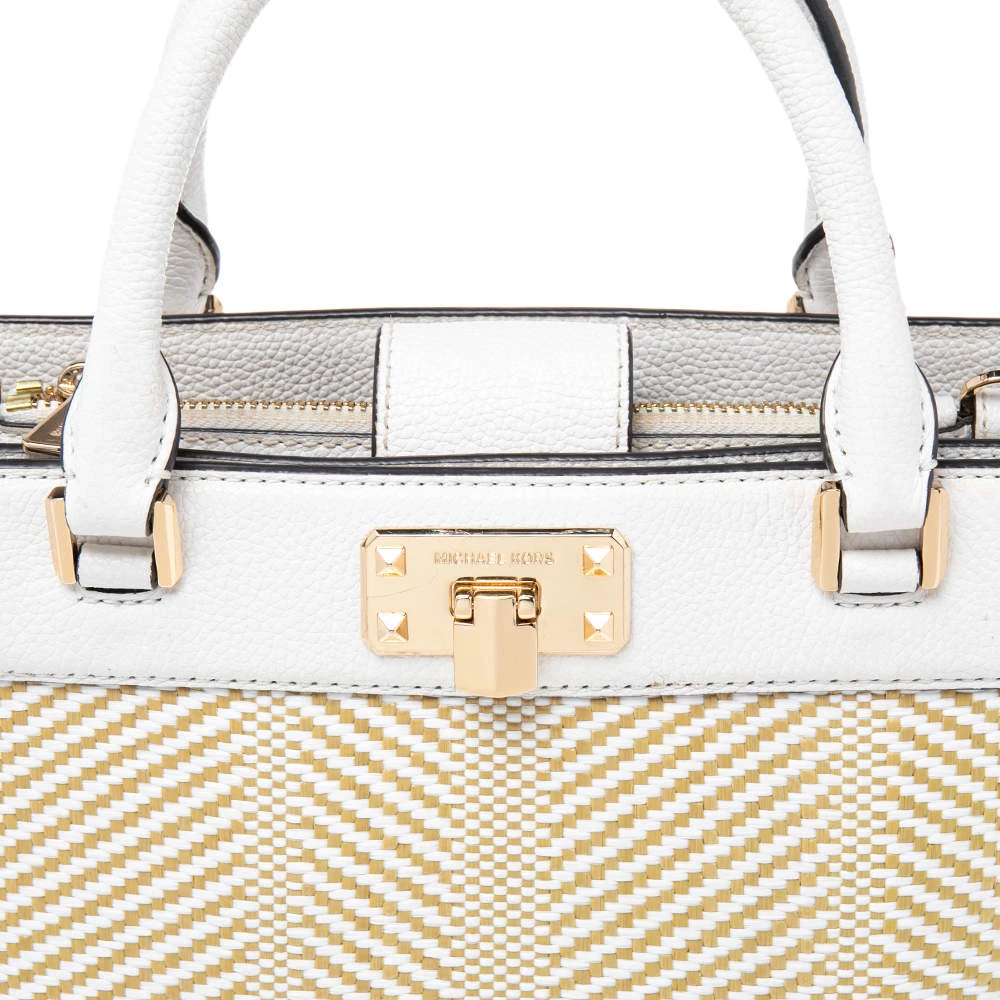 Michael Kors White Leather And Straw Medium Kinsley Accordion Tote For Women - Image 5