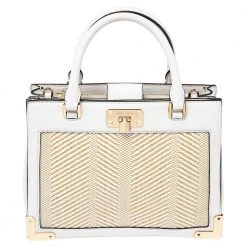 Michael Kors White Leather And Straw Medium Kinsley Accordion Tote For Women