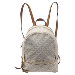 Michael Kors White/Tan Signature Coated Canvas And Leather Rhea Zip Backpack For Women