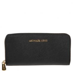 Michael Kors Black Saffiano Leather Zip Around Continental Wallet For Women
