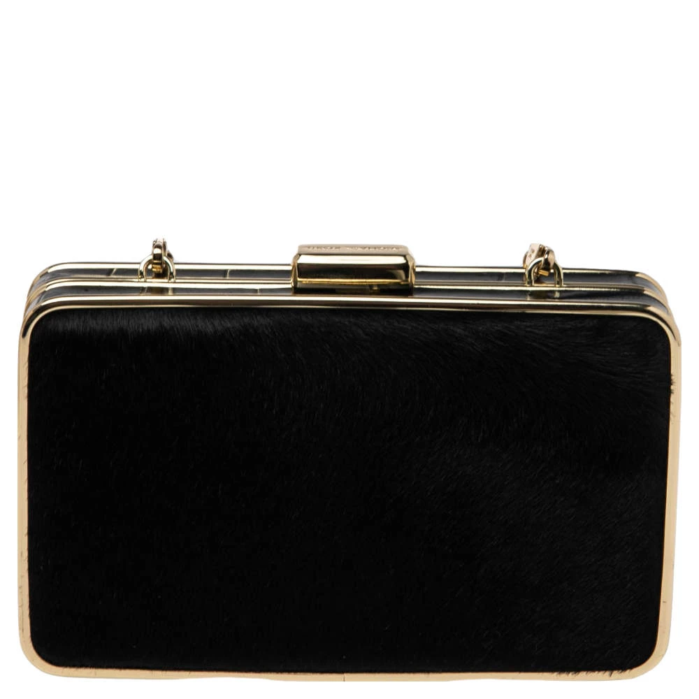 Michael Kors Black Calf Hair And Croc Embossed Leather Elsie Chain Clutch For Women - Image 4