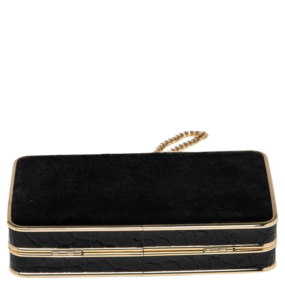 Michael Kors Black Calf Hair And Croc Embossed Leather Elsie Chain Clutch For Women - Image 6