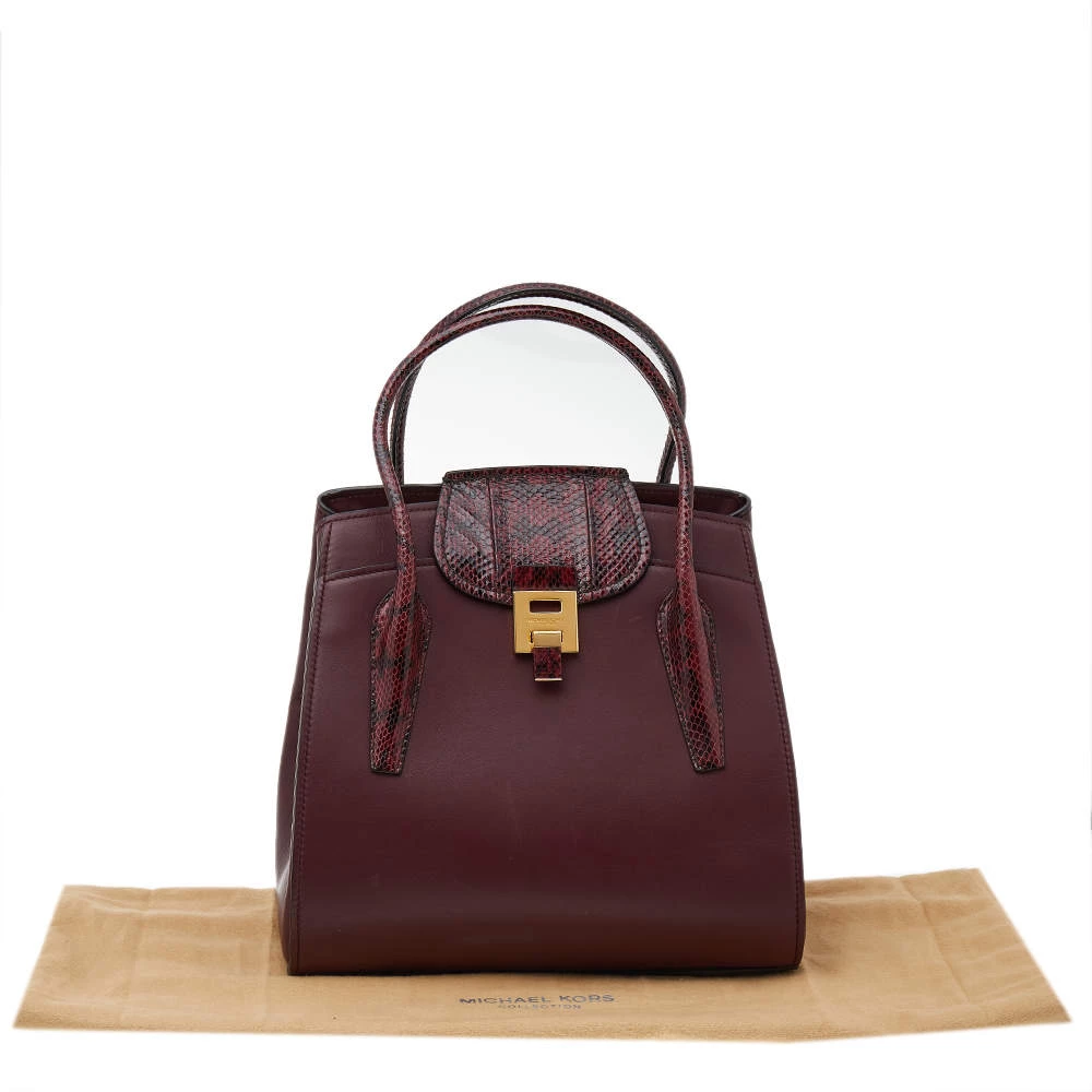 Michael Kors Burgundy Leather And Python Embossed Leather Bancroft Satchel For Women - Image 9