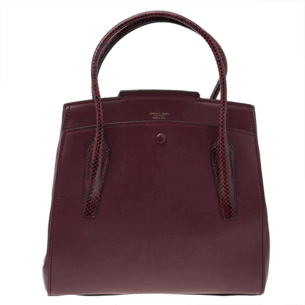 Michael Kors Burgundy Leather And Python Embossed Leather Bancroft Satchel For Women - Image 4