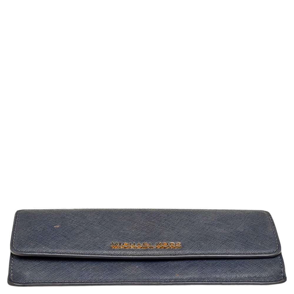Michael Kors Navy Blue Saffiano Leather Jet Set Travel Flat Wallet For Women - Image 6